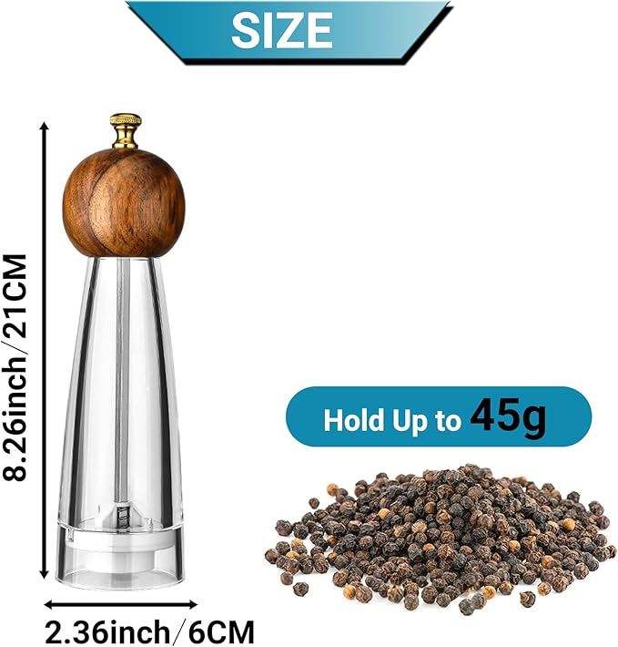 Pepper Mill Manual Salt and Pepper Grinder Set, Classic Transparent Pepper Grinder Salt Mills 2pcs 8in竊똕olid Wood Hand Shaker Rotor Pepper Salt Grinder Ceramic Core Adjustable Coarseness Spices