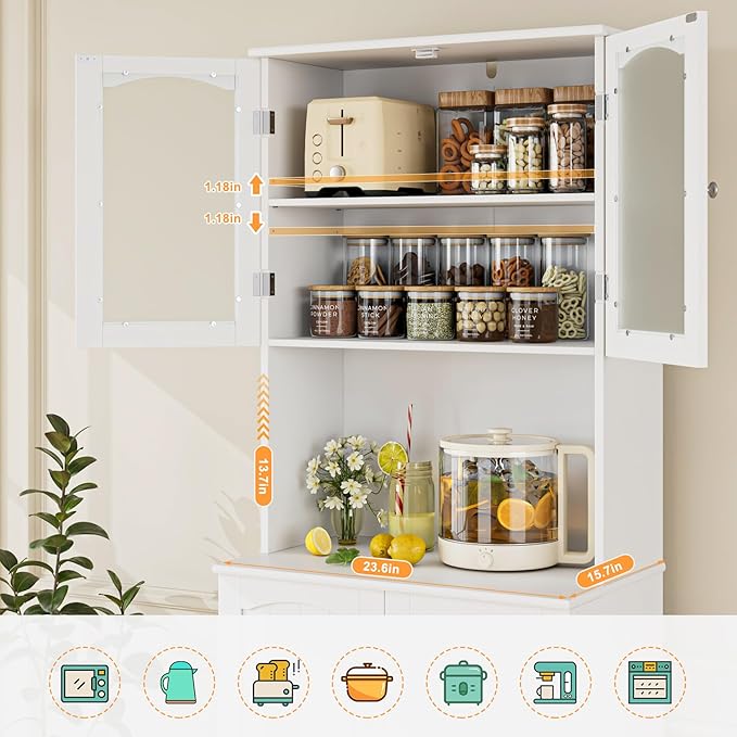 HOSTACK 71'' Pantry Cabinet, Tall Storage Cabinet with Microwave Stand, Freestanding Kitchen Hutch with Doors and Adjustable Shelves, Mordern Food Pantry for Kitchen, Dining Room, White