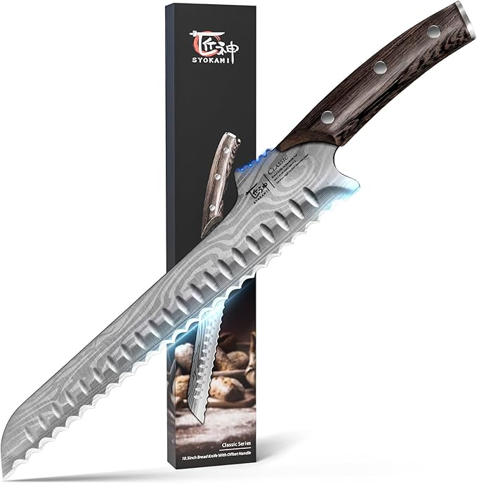2025 New Upgraded Offset Bread Knife for Homemade Bread, 10.5 Inch Resharpenable Serrated Knife, Ultra-Sharp Sourdough Slicing, Perfect Kitchen Gift, Designed for Cutting Cakes, Fruits & Meat