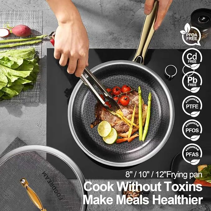 Fogdream 10??Non Stick Frying Pans, Stainless Steel Skillet with Lid, Tri-Ply Stainless Steel for All Cooktops, Dishwasher and Oven-Safe Cooking Pan, Stay-Cool Handle, Gold