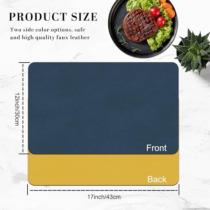 BLESWIN Faux Leather Placemats, PU Dining Table, Waterproof and Oil Resistant Easy to Clean, Heat Resistant Reversible Use Table Mats for Kitchen, Dining Table,Outdoor ??12 횞 17 Inch, Dark Blue&Yellow