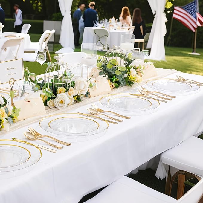 EI 150pcs Clear Plastic Plates with Gold Plastic Silverware,Disposable Plate Heavy Duty,Clear and Gold Dinnerware Set,Elegant Plates for Party,Wedding,Afternoon Tea,Spring,Valentine's Day