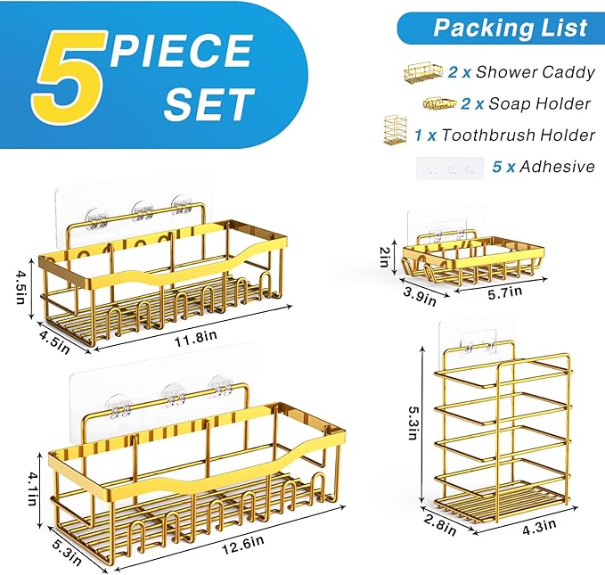 EUDELE 5-Pack Rustproof Stainless Steel Shower Caddy ??No Drill Adhesive Bathroom Organizer with Large Capacity, Spacious Shower Shelves for Inside Shower, Kitchen & Home Decor Storage-XL Size