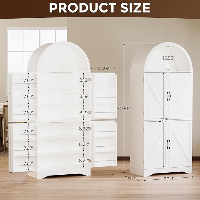 Arched Kitchen Pantry Cabinet with Adjustable Shelves, Modern Farmhouse Storage Cupboard, White Freestanding Wood Cabinet with LED Lights, 70.86 x 29.9 x 15.74 Inches.