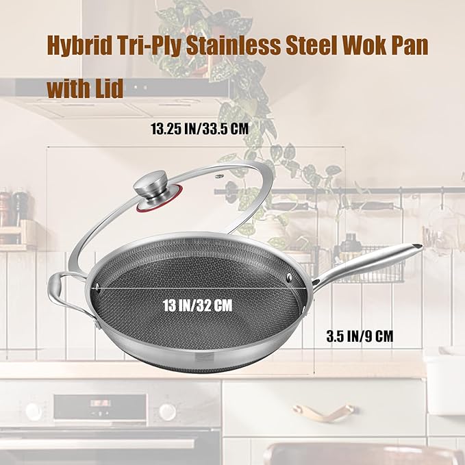 LOLYKITCH 13-inch Nonstick Wok & Stir-fry Pan with Lid, Induction Compatible, Tri-ply Stainless Steel Ceramic Coating Cookware, Perfect for Stir-frying, Saut챕, and Simmering, Dishwasher and Oven Safe