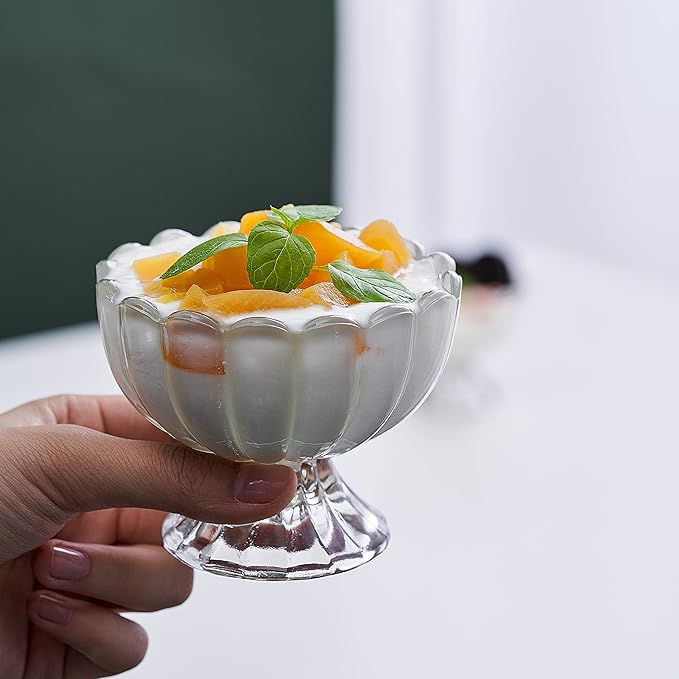 KMwares 6PCs Set 5oz Small Cute Footed Tulip Glass Dessert Bowls/Cups - Perfect for Dessert, Sundae, Ice Cream, Fruit, Salad, Snack, Cocktail, Condiment, Trifle and Christmas Holiday Party (Clear)