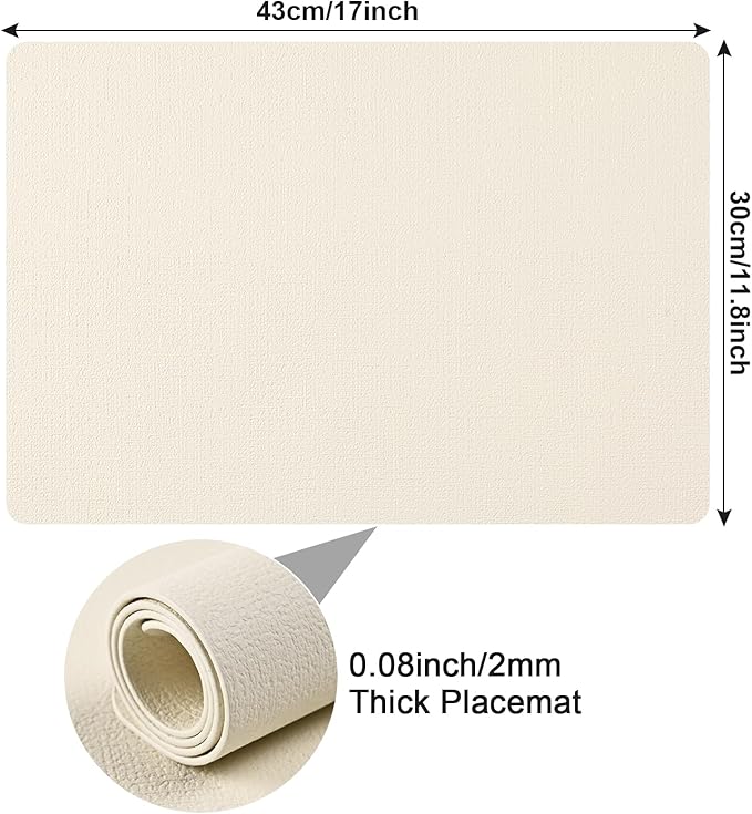 Boobezeen Faux Leather Placemats Set of 6, Heat Resistant Wipeable Washable Vinyl Place Mats, Waterproof Anti-Slip Dining Table Mats, Suitable for Indoor & Outdoor Use (Ivory White)