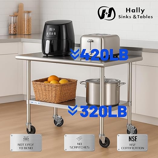 Hally Stainless Steel Table for Prep & Work 24 x 30 Inches with Caster Wheels, NSF Commercial Heavy Duty Table with Undershelf and Backsplash for Restaurant, Home and Hotel