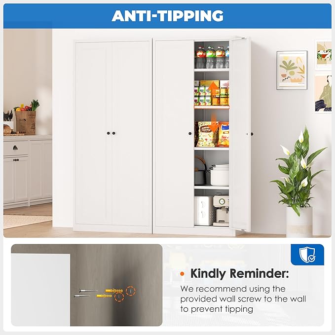 INTERGRAET Kitchen Pantry Cabinet, 63" Tall Metal Pantry Storage Cabinets with 2 Doors and 4 Shelves, White Metal Storage Cabinet,Cupboard for Home,Kitchen,Living Room/Dining