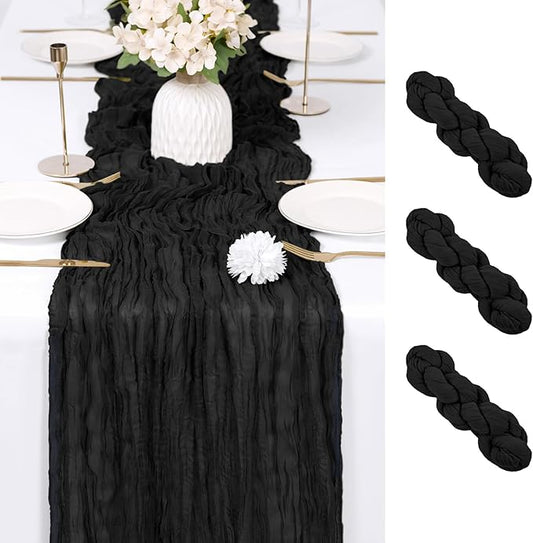 RealBox 3 Pack Black Cheesecloth Table Runner 17x108 Inch Semi Sheer Boho Gauze Cheese Cloth Fabric Table Runners Table Decor for Wedding Party Baby Shower Birthday Home Decor Garden Farmhouse