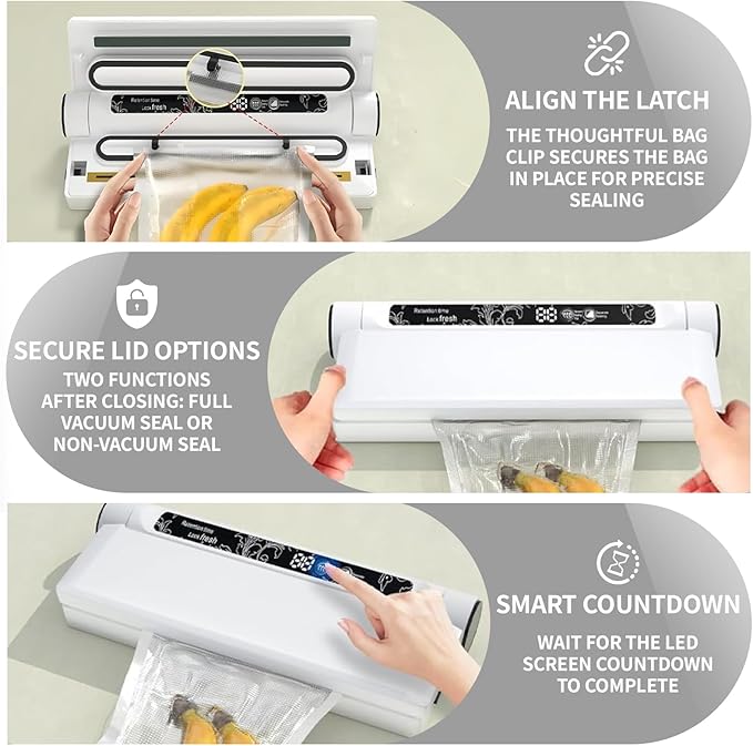 75 kPa Food Vacuum Sealer, Powerful Suction, Dry/Wet Modes for All Food Needs, Low-Temperature Slow Cooking, Countdown Timer, Lightweight and Portable, Includes 20 Sealing Bags, Ideal for Home Use