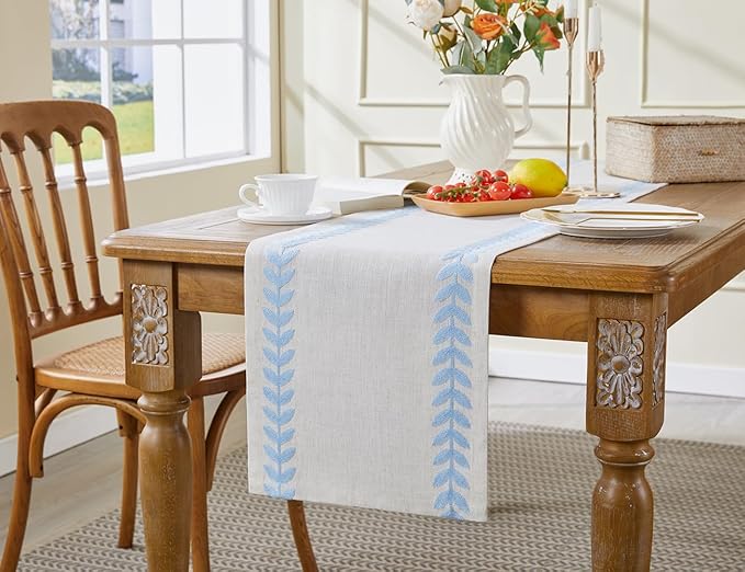 Wracra Embroidered Table Runner Irregular Willow Leaf Table Runners 108 Inches Long for Dresser Home Dining Table Decor,14 x 108 Inch, Blue