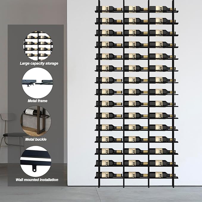 Large Wall Mount Wine Rack, 16 Tier 80 Bottle Wine Storage Organizer Display Holder, Modern Metal Wine Storage for Wine Cellars, Home Bars, Kitchens, and Dining Rooms