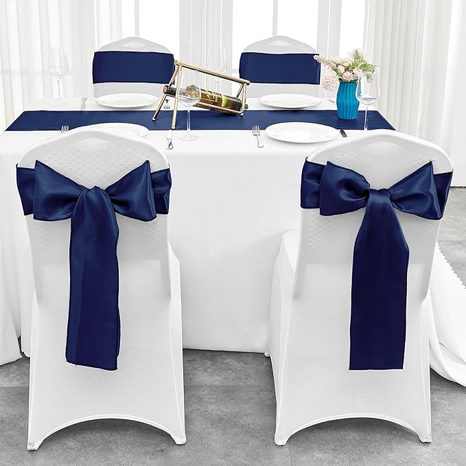 4-Pack Navy Blue Satin Table Runner 12 x 108 Inch Long Bright and Smooth Silk Fabric Table Runner for Wedding Banquet Birthday Party Decoration