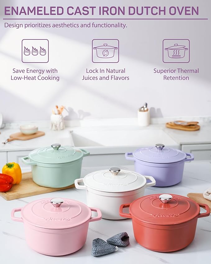 Enameled Cast Iron Dutch Oven ??6 Quart Pot with Lid & Potholders ??Heavy-Duty Cookware for Bread Baking, Braising, Stews & Roasting ??Oven & Stovetop Safe up to 500째F ??Purple