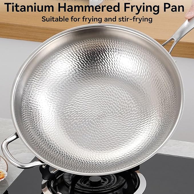 Titanium Hammered Wok, No Coating Non-Stick Titanium Cookware, Frying Pans, Hammered Pan,Ultra-Durable, Scratch-Resistant, Even Heating Frying Pans, Safe for Oven,with lid,14.17in