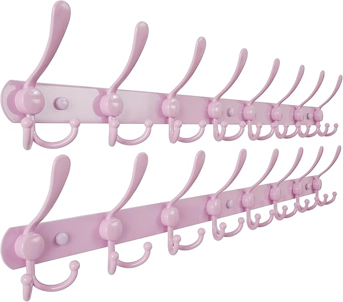 Dseap Coat Rack Wall Mount - 38??Long 10-Tri-Hooks Heavy Duty Coat Hanger Rail Wall Hooks for Hanging Coats Hats Clothing Clothes Purse Mudroom Entryway, Pink, Pack of 2