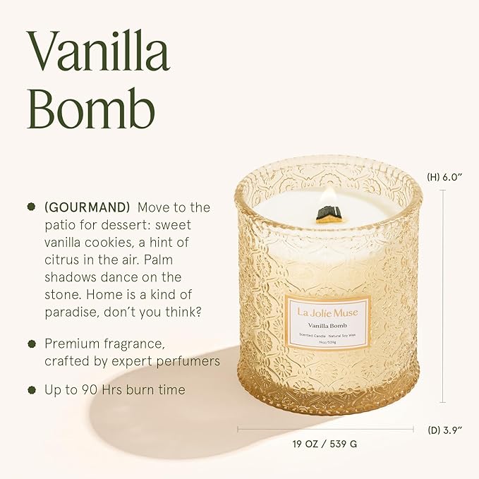 LA JOLIE MUSE Vanilla Bomb Candle| Vanilla, Lemon Zest & Patchouli |19 oz Large Wooden Wick | Natural Soy Wax | 90 Hours Clean Burn | Gift-Ready for Hosts | Seasonal Home D챕cor