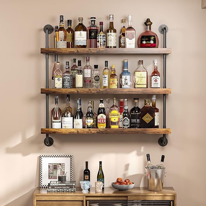 3-Tier Wall Mounted Wine Rack with LED,Liquor Bottles Floating Shelves Display Storage Organizer for Home Bar Dining Room Kitchen (40" W x 47.2" H x 8.6" D)