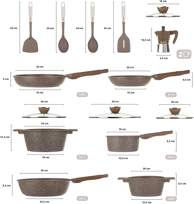 15Pcs Pots and Pans set for cooking nonstick, Aluminum cookware set with glass lids, Coffee maker and nylon kitchen tools, Induction safe, PFOA-free (15)