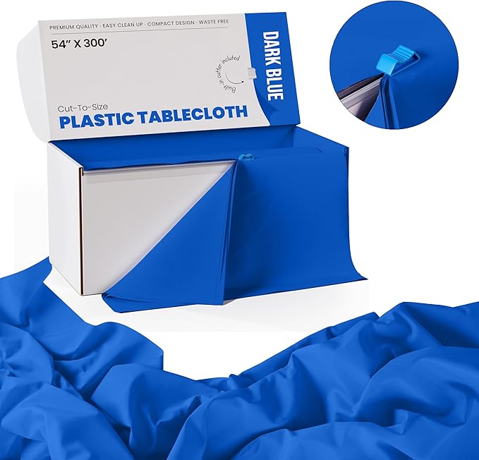 Exquisite Dark Blue Plastic 54x300 inches Rectangular Tablecloth Roll with Built-in Cutter - 300 Feet, All-Season, 1 Count
