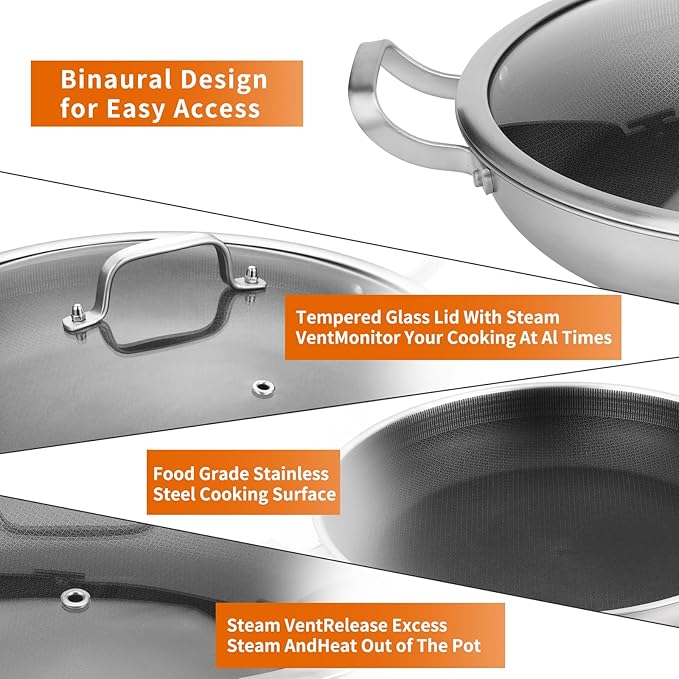 Tri-Ply Stainless Steel Paella Pan Large Saute Pan with Lid (Stainless Steel, Hybrid 13.5 INCH)