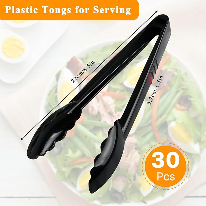 30 Pcs Black Plastic Serving Tongs, 8.5 Inch, Heavy Duty Reusable, Ideal for Buffets, BBQ, Weddings, Catering, Party