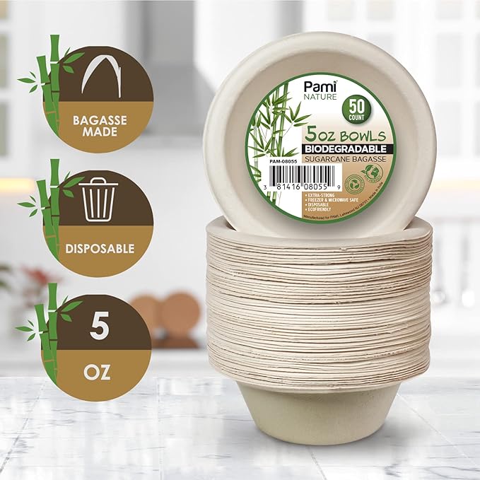 PAMI 100% Biodegradable Sugarcane Bowls [Pack of 50] Natural Compostable Soup Bowls- Planet-Friendly Bagasse Bowls For Hot & Cold Uses- Heavy-Duty Disposable Microwavable Paper Serving Bowls (5 oz.)