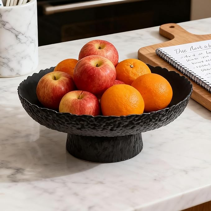 Large Glass Fruit Bowl for Kitchen Counter Decorative Centerpiece Bowl for Table Home D챕co, Black Hammered