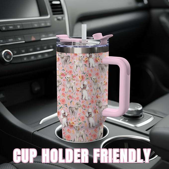 Yogusut Poodle Gifts for Women, 40oz Stainless Steel Insulated Tumbler Travel Mug Cup with Handle Straw, Gifts for Dog Mom Dog Lover