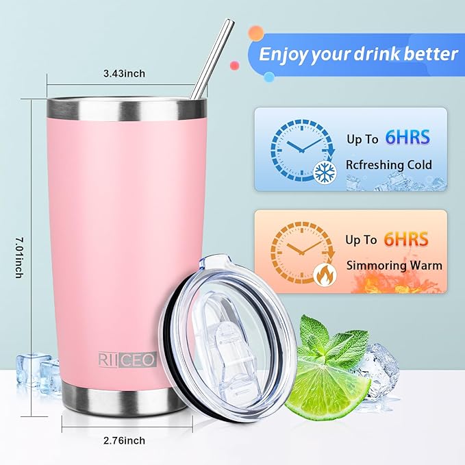 ATIKZHE 20oz Tumbler with Straw and Brush, Stainless Steel Vacuum Insulated tumbler, Double Wall Insulated Coffee Tumbler for Outdoor, Home, Travel,Office (Light pink,4pcs)