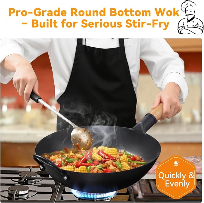 WANGYUANJI 13.4" Round-Bottom Iron Wok, Deep Chinese Stir-Fry Pan (Seasoning Required), Wok Ring Required, Not Flat-Top/Induction ??No Lid, No Ring,Wooden Handle, Coating-Free