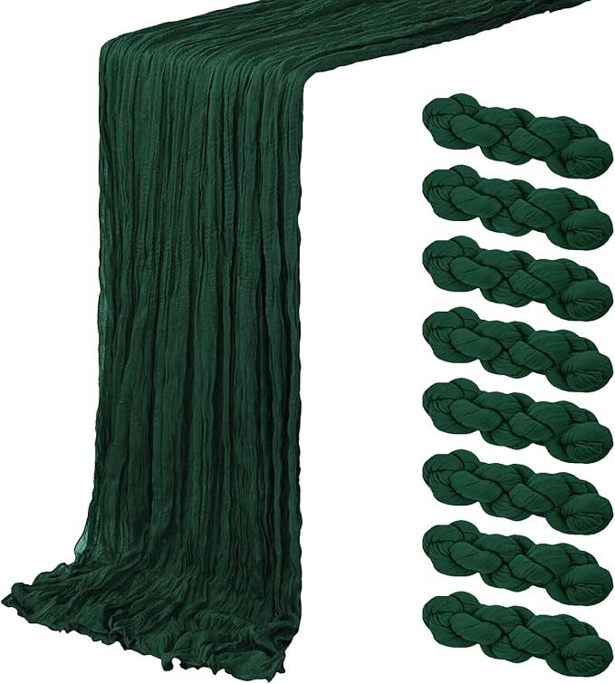 8 Pack Emerald Green Cheesecloth Table Runner 20 x 120 inch Gauze Table Runners 10 FT Long,Semi Sheer Boho Cheese Cloth Fabric Table Runner Bulk for Wedding,Party,Baby Shower,Bridal Shower Decoration
