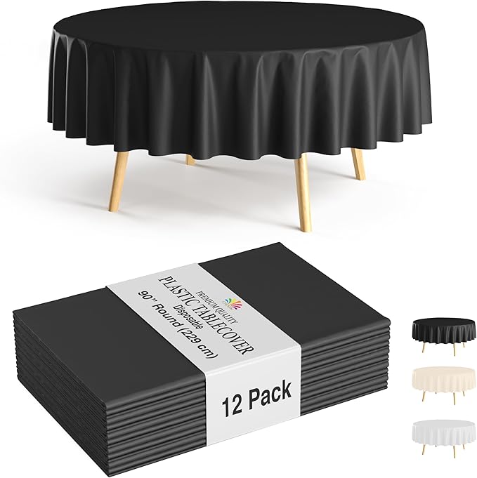 Party Solids 12-Pack Black Round Plastic Tablecloth Disposable ??Size: 90 Inches ??Round Plastic Table Cloths for Parties, Picnics & Formal Events