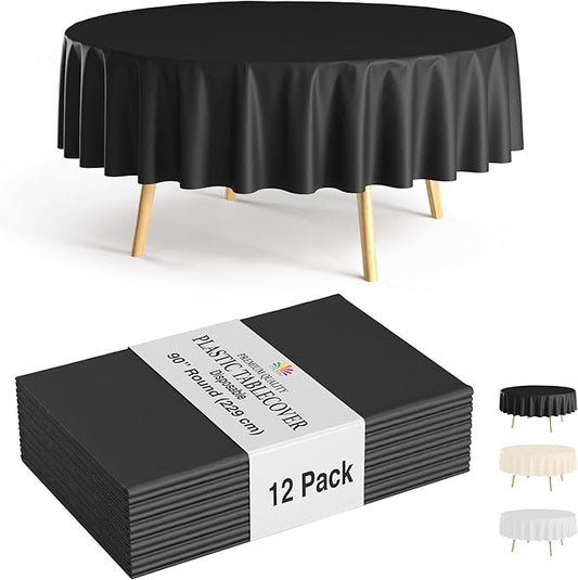 Party Solids 12-Pack Black Round Plastic Tablecloth Disposable ??Size: 90 Inches ??Round Plastic Table Cloths for Parties, Picnics & Formal Events