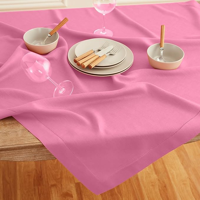 Solino Home Linen Flamingo Pink Tablecloth 60 x 144 Inch - Classic Hemstitch, 100% Pure Linen Rectangular Tablecloth - Machine Washable Table Cloth for Valentines, Spring, Easter