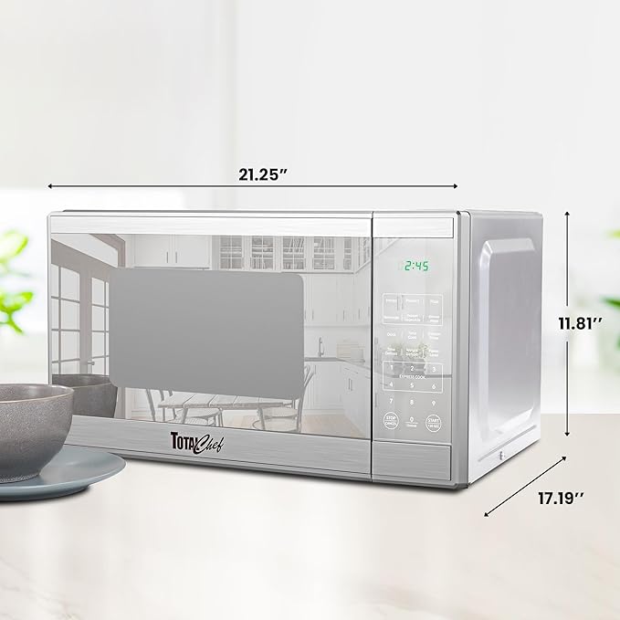 Total Chef 1.3 Cu Ft Microwave Oven ??Compact Countertop Kitchen Appliance, Small Stainless Steel Microwave with Digital Touch, Pre-Set Functions, 12.8??Turntable, 1100 Watt