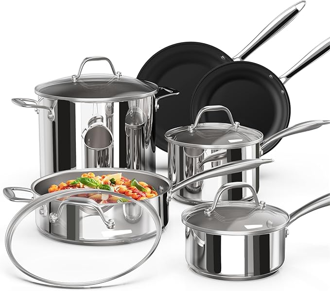 Stainless Steel Pots and Pans Set 10 Piece, Kitchen Cookware Set with Nonstick Frying Pans and Glass Lids, Induction Cookware Set, Including 2 Saucepans, Saut챕 pan, 2 Frying Pans, Stock Pot