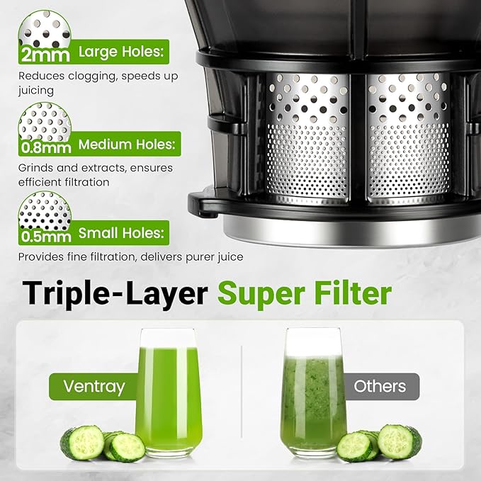 Ventray Juicer Machine, Cold Press Juicer with 5.1'' Extra Large Feed Chute for Whole Vegetables & Fruits, 250w, High Juice Yield, Easy to Clean with Brush