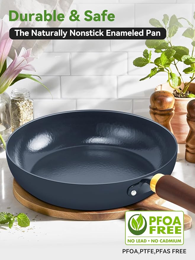 Nonstick Frying Pan, 11-Inch Enameled Carbon Steel Pan, Stay-Cool Wooden Handle Stir-Fry Pan, Non Toxic, PTFE & PFOA Free Oven-Safe, Season-Free Carbon Steel Skillet For All Stovetops