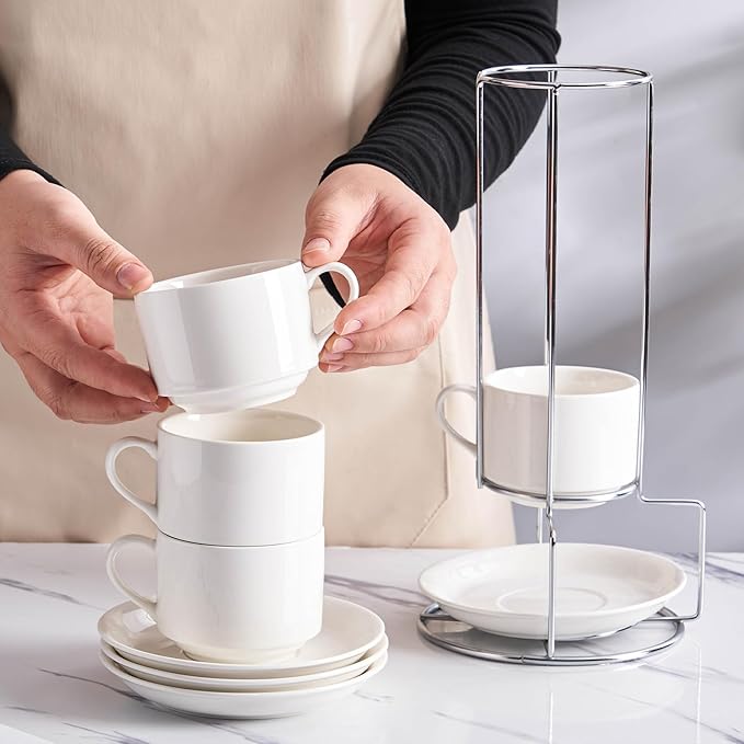 8oz Porcelain Cappuccino Cups with Saucers and Metal Stand, Stackable Coffee Cups for Specialty Coffee Drinks, Cappuccino, Latte, Espresso, Americano and Tea - White Cups Set of 4