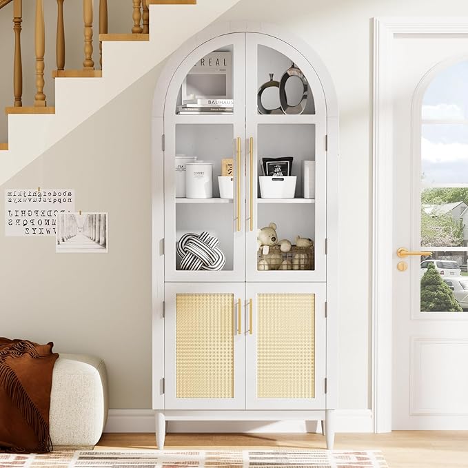 71?쒪rched Kitchen Pantry Cabinet, Stylish Arched Bookcase & Multi-Use Storage Cabinet with Glass & Rattan Doors, Ideal as Kitchen Pantry, Living Room Display, or Entryway Organizer ??White