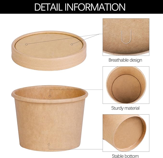Ruisita 50 Pack Heavy Duty Soup Containers with Lids Ice Cream Bowls with Lids and Spoons 8 Ounces Disposable Bowls Ice Cream Sundae Cups Kraft Paper Cups with Lid Soup Containers To Go, Brown