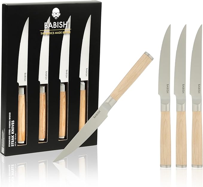 Babish 4-Piece 1.4116 German Stainless Steel Steak Knife Set with Light Pakka Wood Handles ??Full-Tang Steak Knives for Dining, Entertaining & Everyday Table Use
