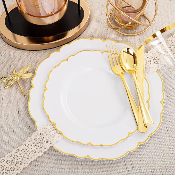 Morejoy 175PCS Gold Plastic Plates竊똚hite Gold Disposable Plates with Pre Rolled Napkins:25 Dinner Plates,25 Dessert Plates,25 Spoons,25 Forks,25Knives,25Cups,25Napkins for Party & Christmas