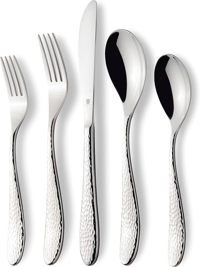 Silverware Set for 16 | 18/10 Stainless Steel Flatware Set | Mirror Finish, Heavy-Duty, Dishwasher Safe, Elegant & Durable, Built to Last (80-Piece, Marettimo Hammered)