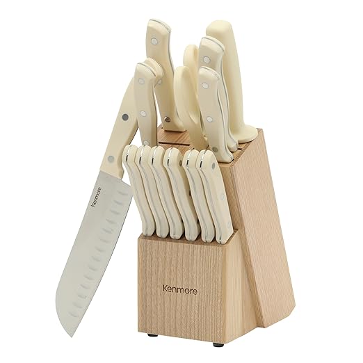 Kenmore Kane 14-Piece Stainless Steel Kitchen Knife Block Set ??Triple Rivet ABS Handles, Cream White ??Chef, Bread, Utility, Paring, Steak Knives & Kitchen Shears in Wood Storage Block