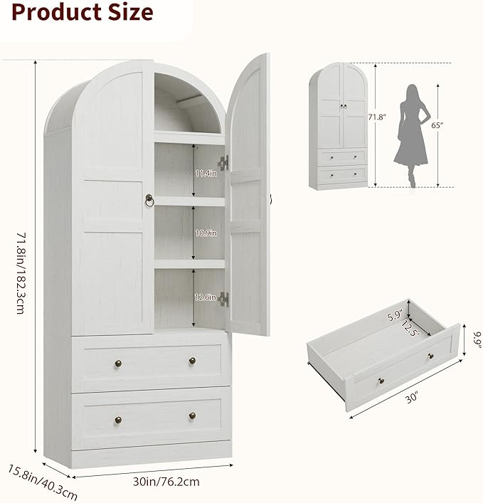 CABIHOME 72" Tall Arched Kitchen Pantry Cabinet, Freestanding Farmhouse Storage Cupboard with Doors, Drawers & Shelves, Versatile Wooden Organizer for Dining Room, Living Room, Rustic White