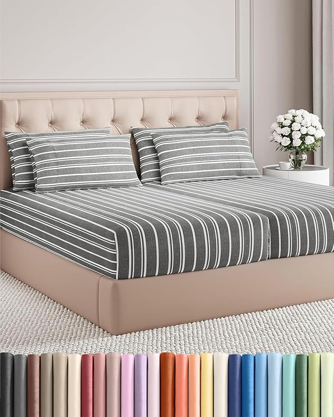 Split King 7 Piece Sheet Set - Cooling & Breathable Bed Sheets - Hotel Luxury Bed Sheets for Women, Men, Kids & Teens - Deep Pockets - Easy Fit - Soft & Wrinkle Free - Split King Grey Stripes Sheets