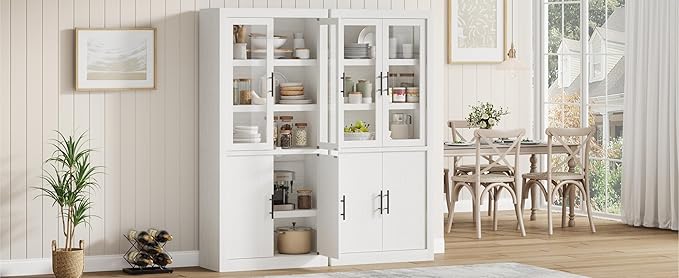 70.45??Tall Farmhouse Kitchen Pantry Cabinet, Wood Storage Cabinet with 4 Doors & Adjustable Shelves, Anti-Tip Design, Sturdy Bookcase for Kitchen/Dining/Office, Rustic White-Glass